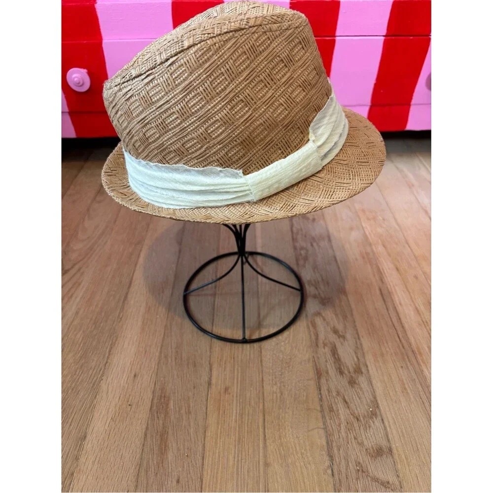 Scala Pronto Woven Straw Fedora Hat Beige Basket Weave Boho Summer Hat